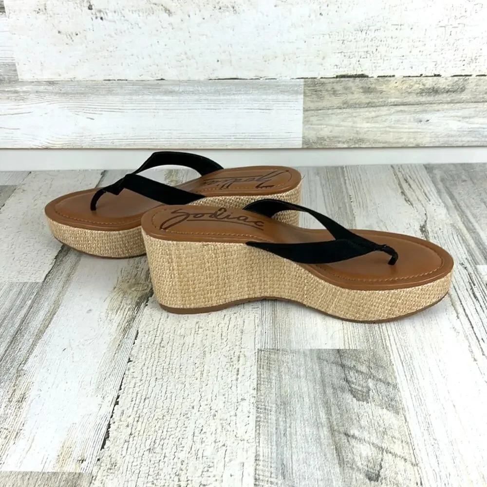 Zodiac Womens 10 Black Leather Espadrille Wedge Platform Sandals NEW